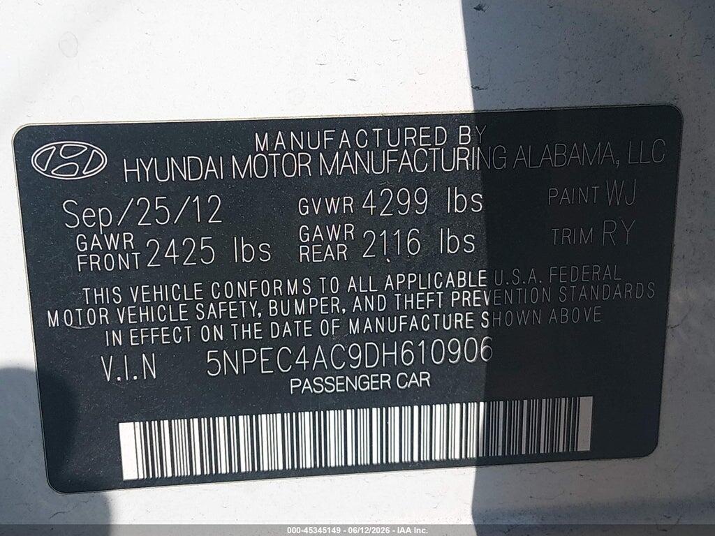 5NPEC4AC9DH610906 2013 HYUNDAI SONATA photo no. 9