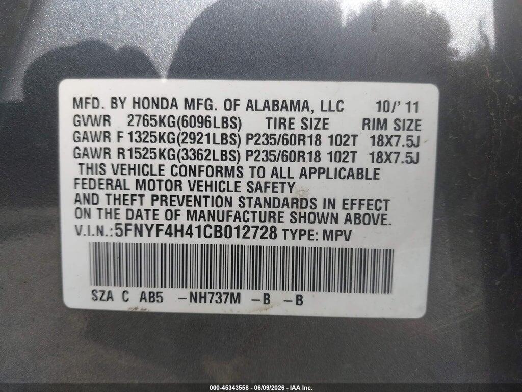 5FNYF4H41CB012728 2012 HONDA PILOT photo no. 9