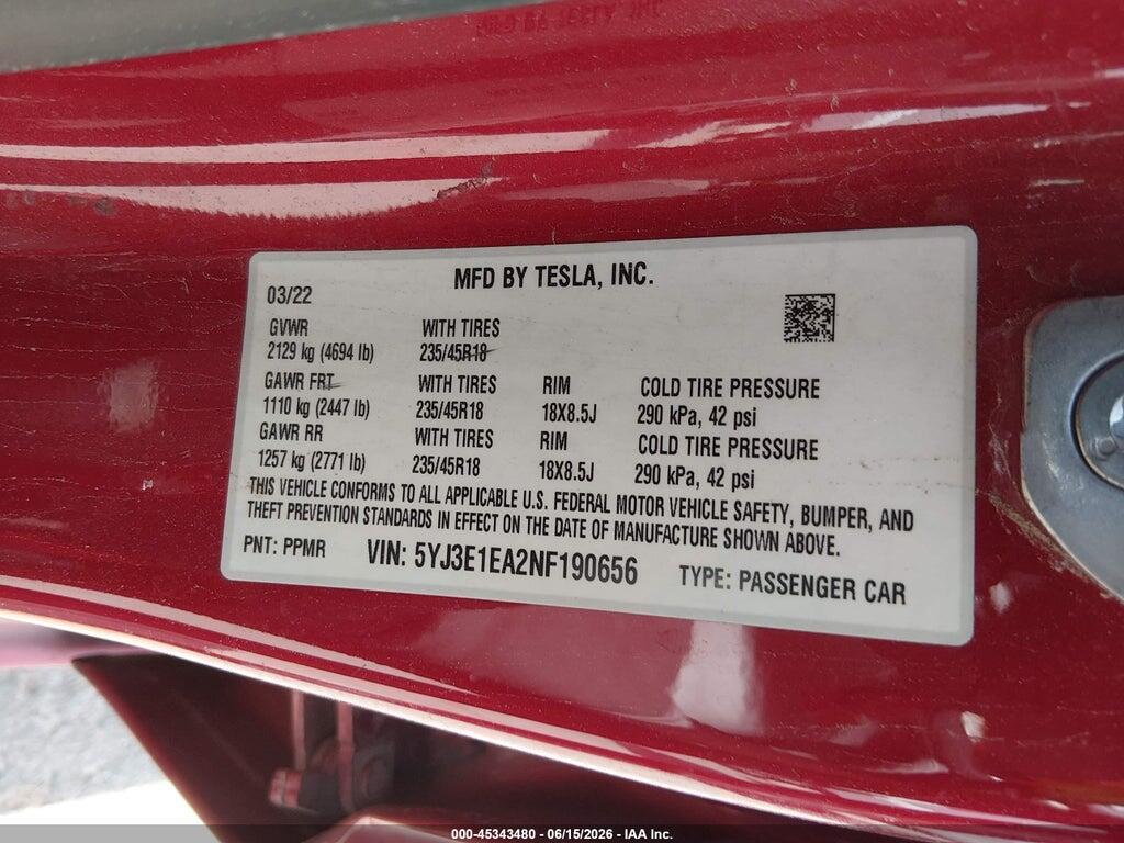 5YJ3E1EA2NF190656 2022 TESLA MODEL 3 photo no. 9