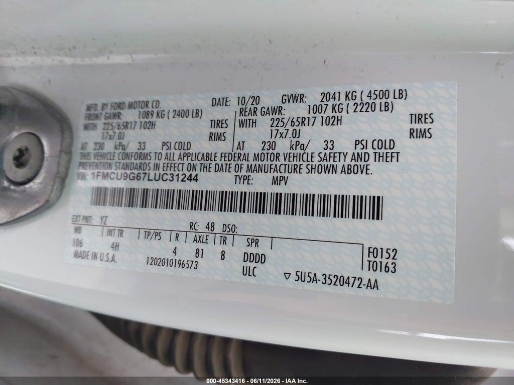 1FMCU9G67LUC31244 2020 FORD ESCAPE photo no. 9