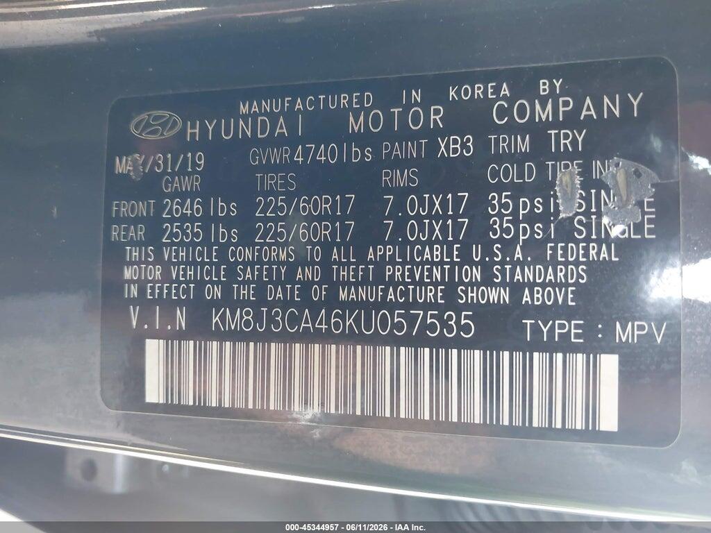 KM8J3CA46KU057535 2019 HYUNDAI TUCSON photo no. 9