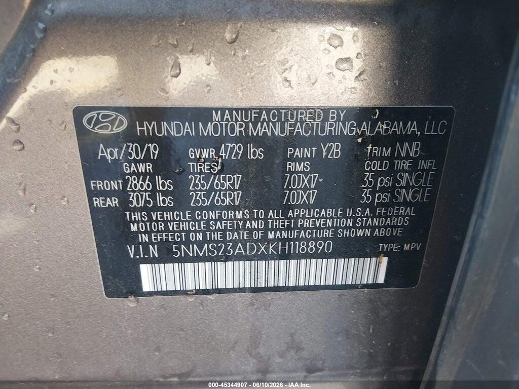 5NMS23ADXKH118890 2019 HYUNDAI SANTA FE photo no. 9