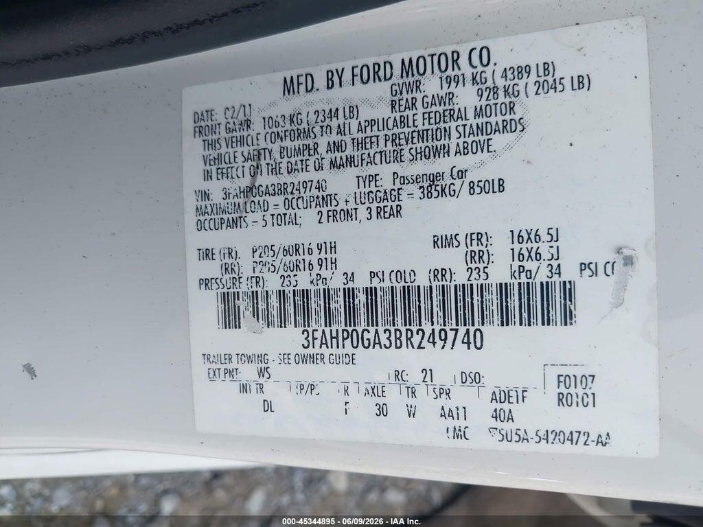 3FAHP0GA3BR249740 2011 FORD FUSION photo no. 9