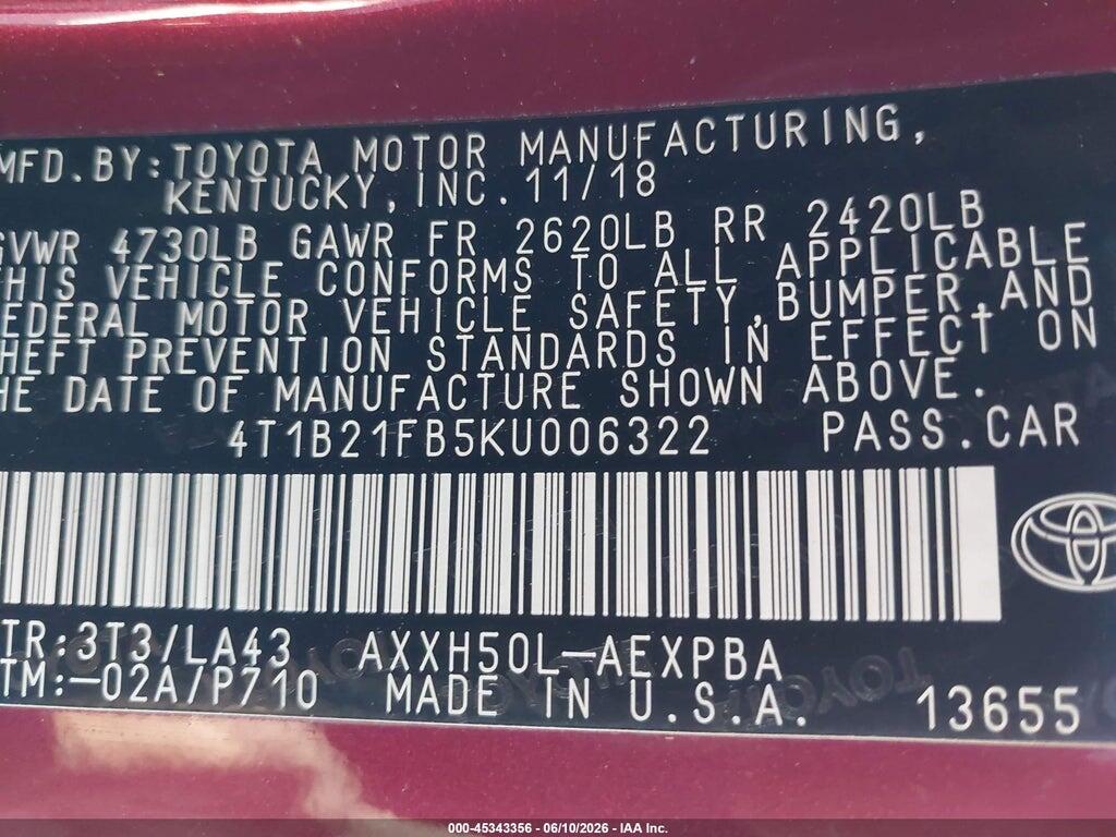 4T1B21FB5KU006322 2019 TOYOTA AVALON HYBRID photo no. 9