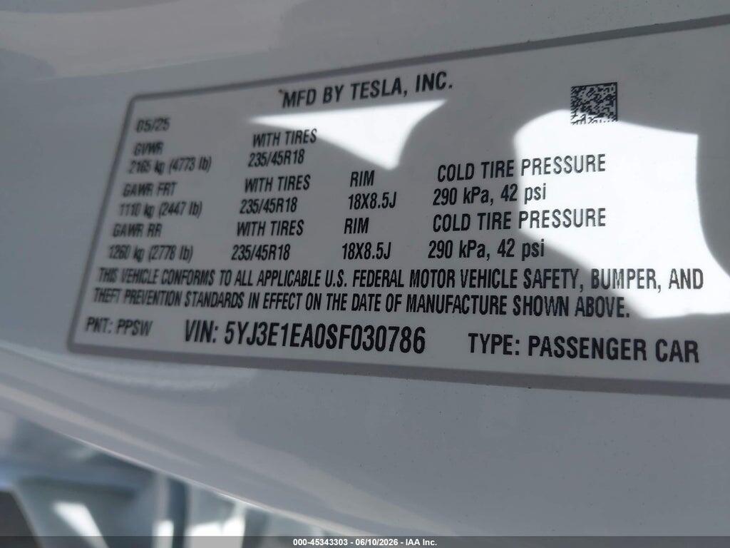5YJ3E1EA0SF030786 2025 TESLA MODEL 3 photo no. 9