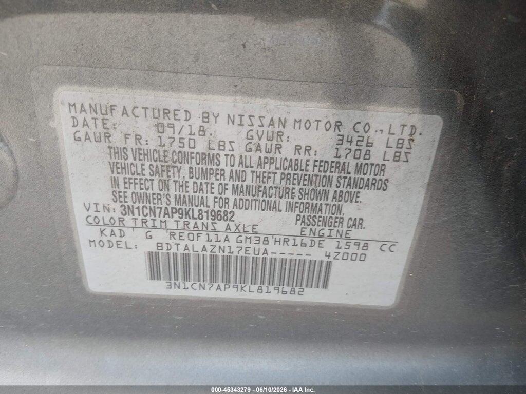 3N1CN7AP9KL819682 2019 NISSAN VERSA photo no. 9