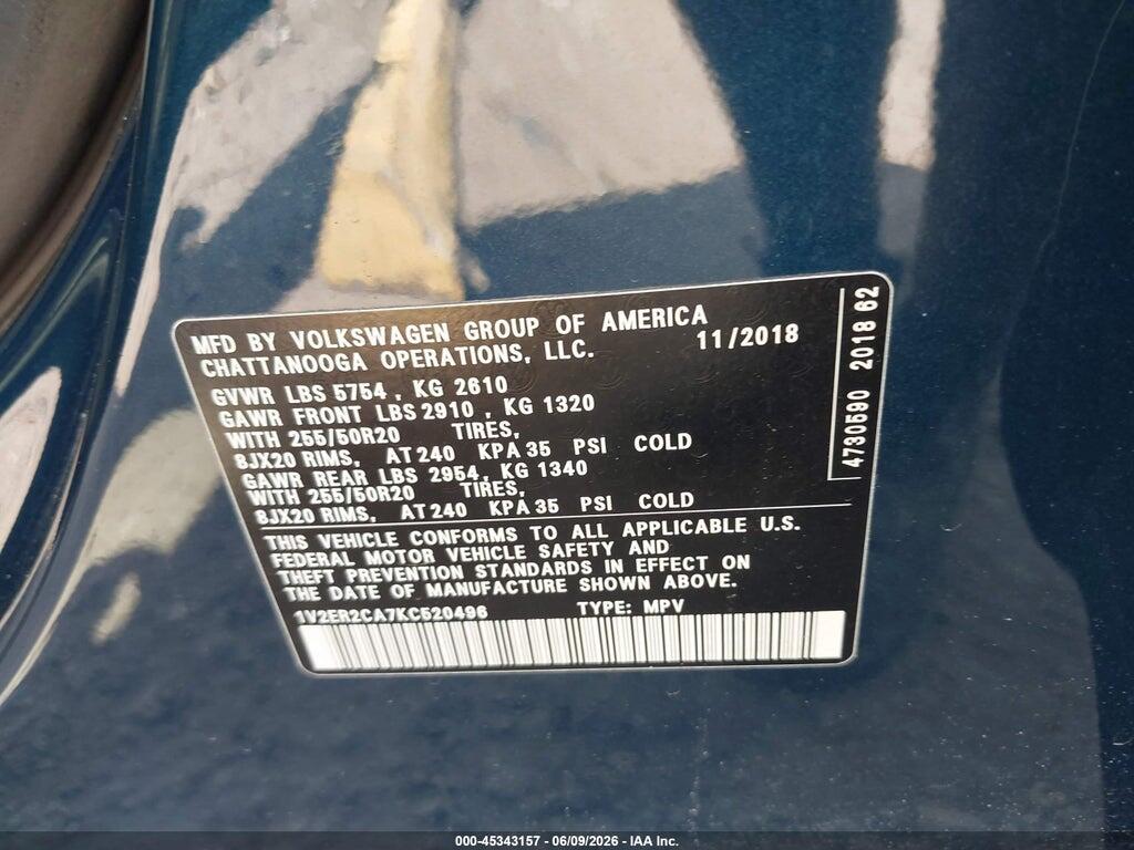 1V2ER2CA7KC520496 2019 VOLKSWAGEN ATLAS photo no. 9
