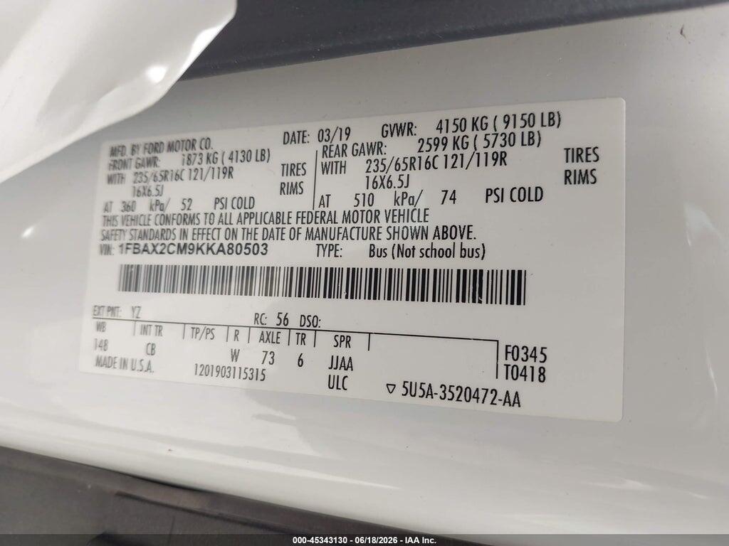 1FBAX2CM9KKA80503 2019 FORD TRANSIT-350 photo no. 9