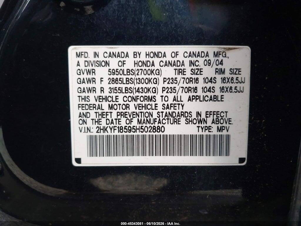 2HKYF18595H502880 2005 HONDA PILOT photo no. 9