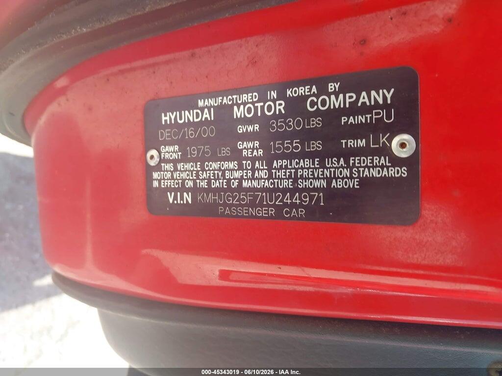 KMHJG25F71U244971 2001 HYUNDAI TIBURON photo no. 9