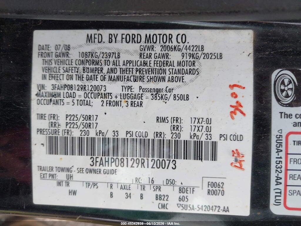 3FAHP08129R120073 2009 FORD FUSION photo no. 9