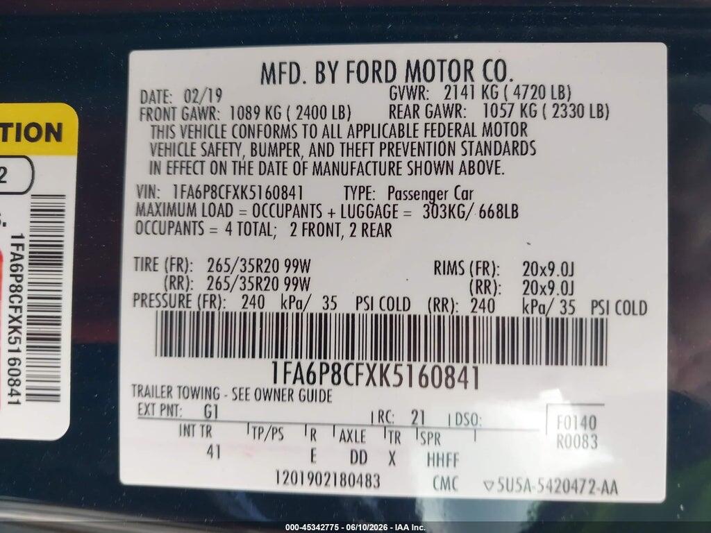 1FA6P8CFXK5160841 2019 FORD MUSTANG photo no. 9