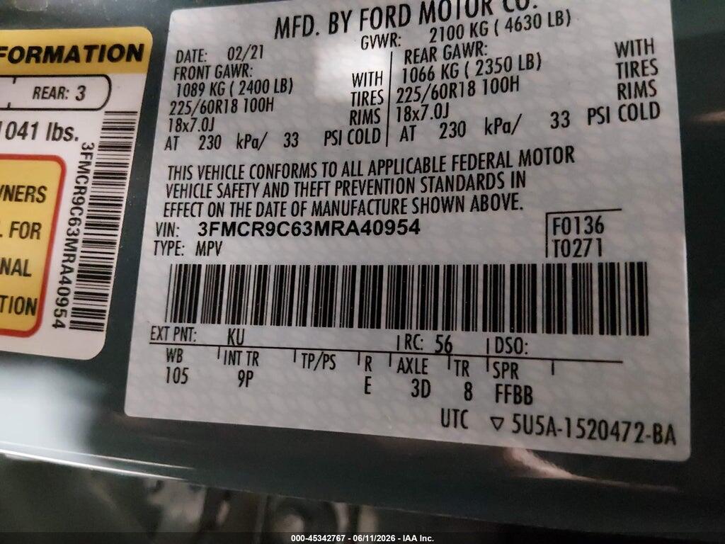 3FMCR9C63MRA40954 2021 FORD BRONCO SPORT photo no. 9