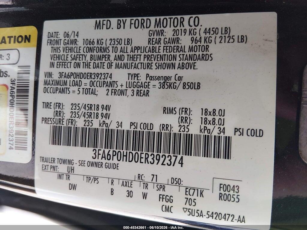 3FA6P0HD0ER392374 2014 FORD FUSION photo no. 9