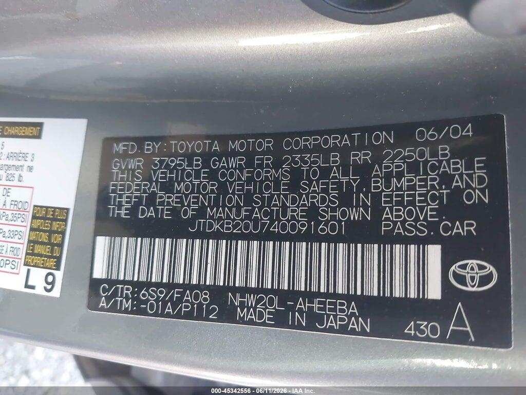 JTDKB20U740091601 2004 TOYOTA PRIUS photo no. 9
