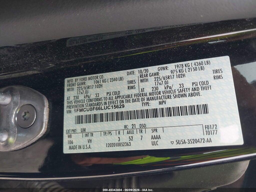 1FMCU0F66LUC15629 2020 FORD ESCAPE photo no. 9