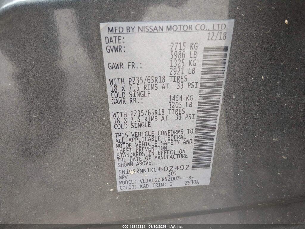 5N1DR2MN1KC602492 2019 NISSAN PATHFINDER photo no. 9