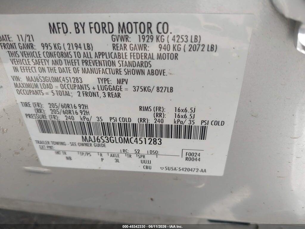 MAJ6S3GL0MC451283 2021 FORD ECOSPORT photo no. 9