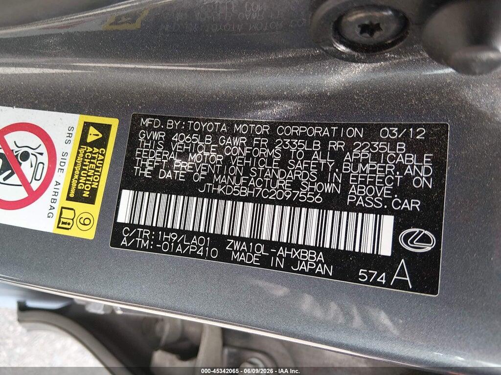 JTHKD5BH7C2097556 2012 LEXUS CT 200H photo no. 9