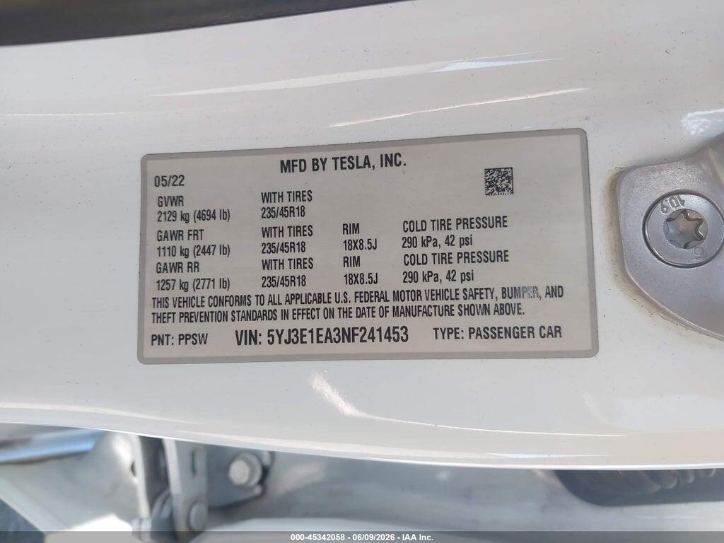 5YJ3E1EA3NF241453 2022 TESLA MODEL 3 photo no. 9