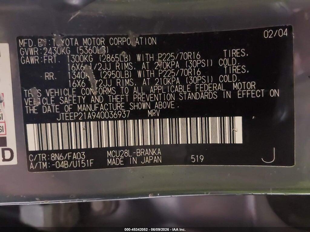 JTEEP21A940036937 2004 TOYOTA HIGHLANDER photo no. 9