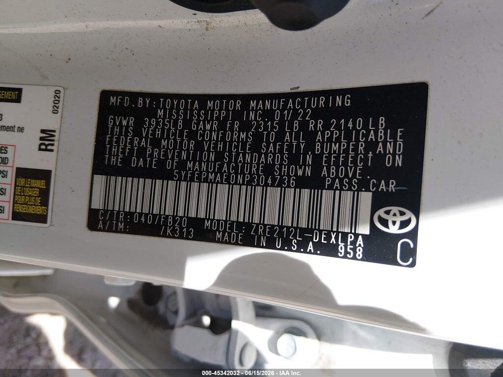 5YFEPMAE0NP304736 2022 TOYOTA COROLLA photo no. 9