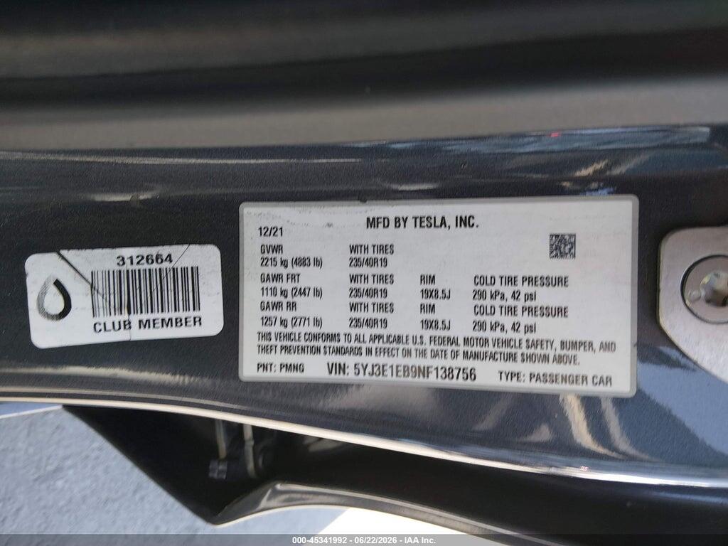 5YJ3E1EB9NF138756 2022 TESLA MODEL 3 photo no. 9