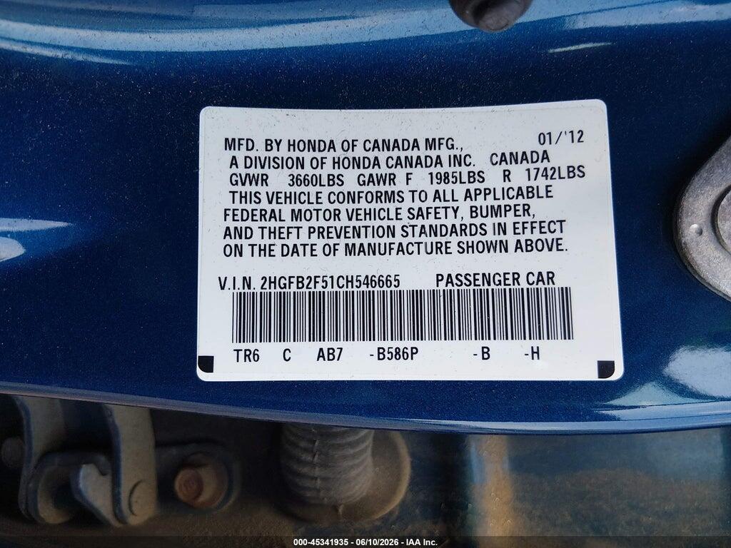 2HGFB2F51CH546665 2012 HONDA CIVIC photo no. 9