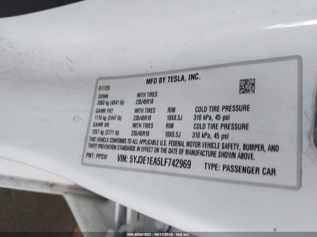 5YJ3E1EA5LF742969 2020 TESLA MODEL 3 photo no. 9