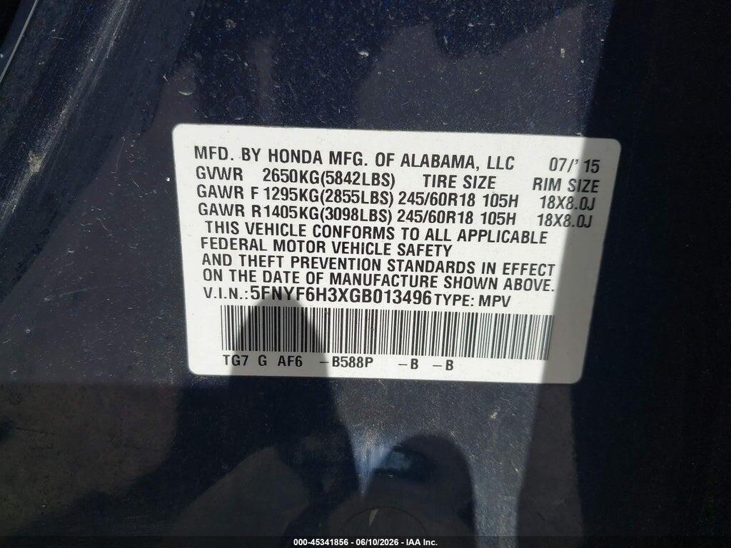 5FNYF6H3XGB013496 2016 HONDA PILOT photo no. 9