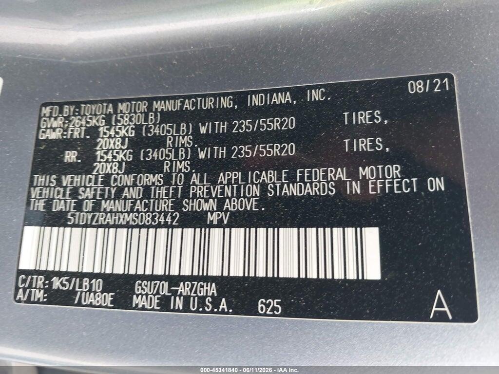 5TDYZRAHXMS083442 2021 TOYOTA HIGHLANDER photo no. 9