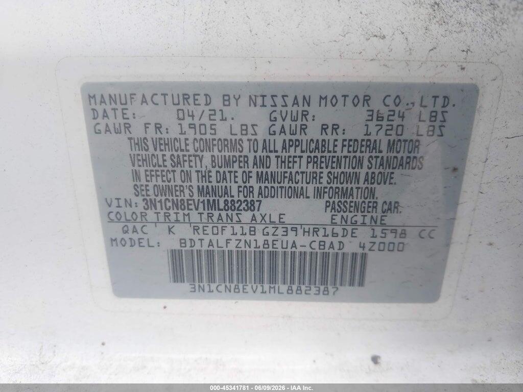 3N1CN8EV1ML882387 2021 NISSAN VERSA photo no. 9