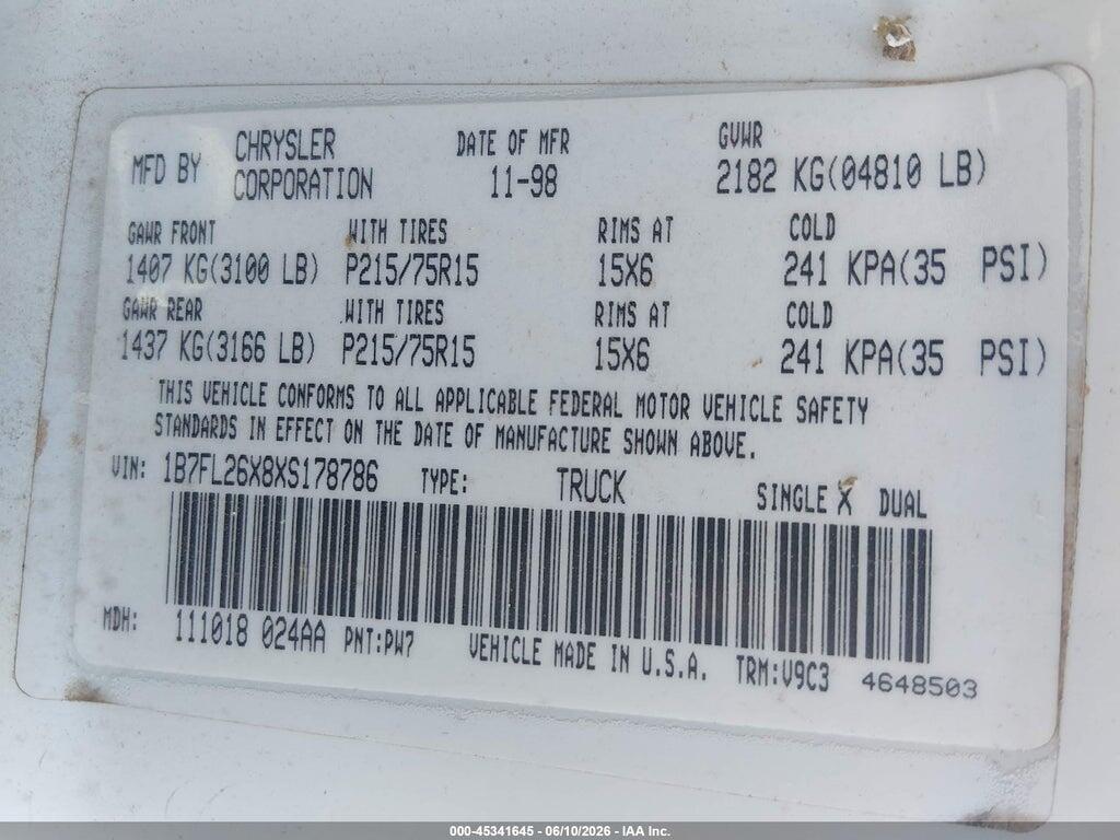 1B7FL26X8XS178786 1999 DODGE DAKOTA photo no. 9