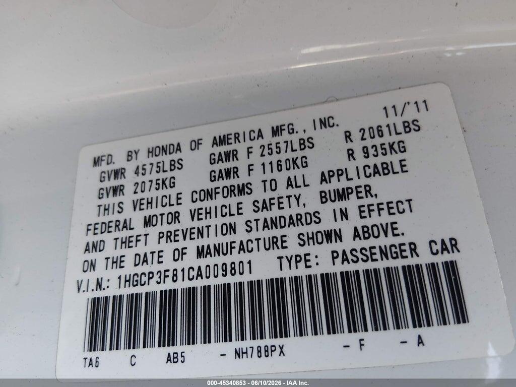 1HGCP3F81CA009801 2012 HONDA ACCORD photo no. 9