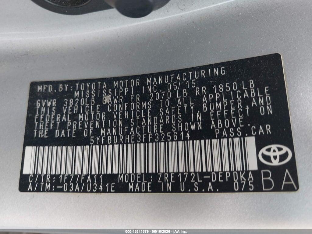 5YFBURHE3FP325614 2015 TOYOTA COROLLA photo no. 9