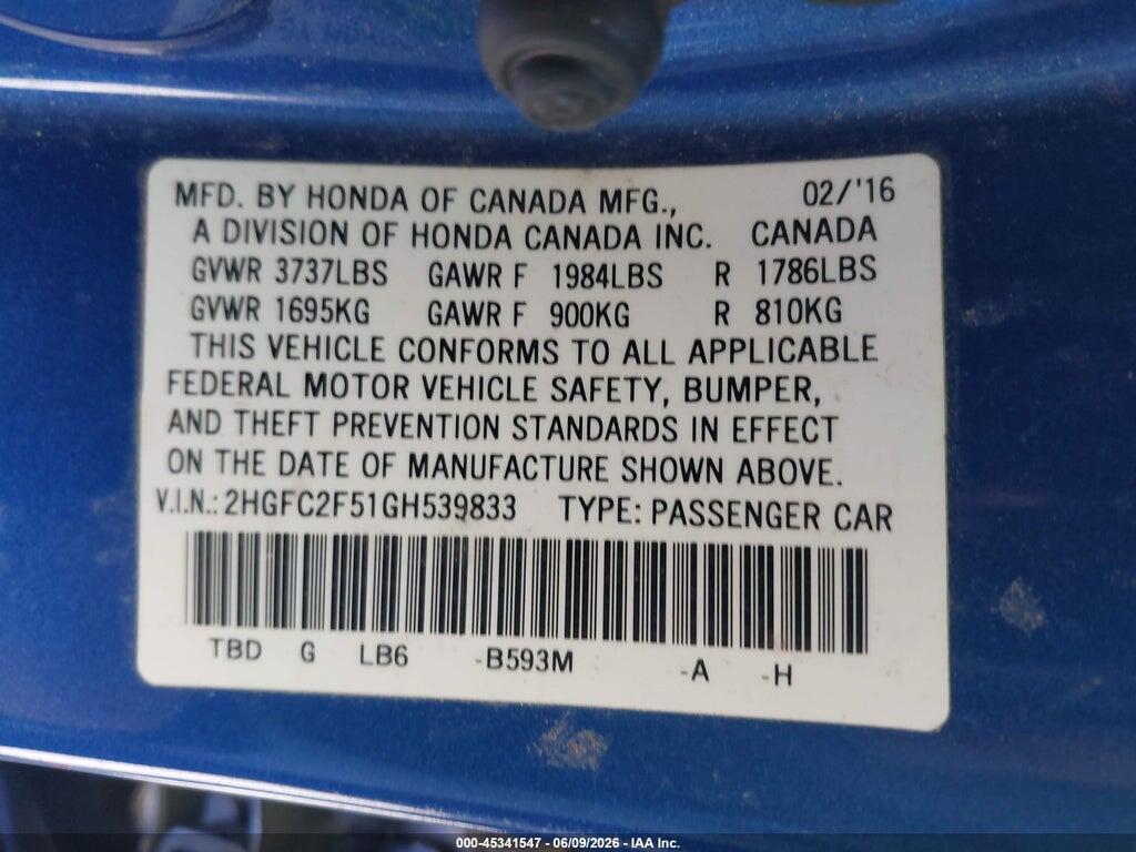 2HGFC2F51GH539833 2016 HONDA CIVIC photo no. 9
