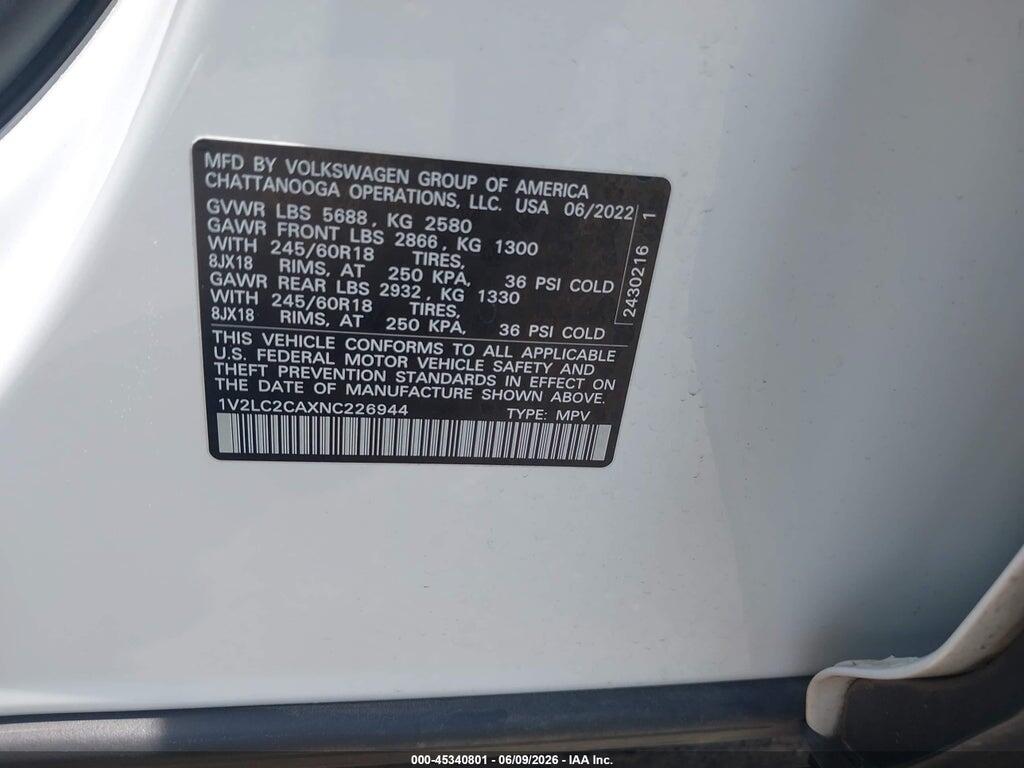 1V2LC2CAXNC226944 2022 VOLKSWAGEN ATLAS CROSS SPORT photo no. 9
