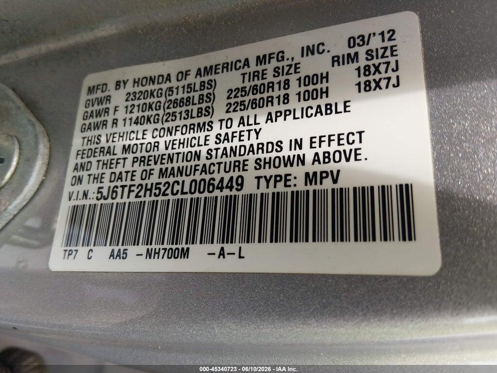 5J6TF2H52CL006449 2012 HONDA CROSSTOUR photo no. 9