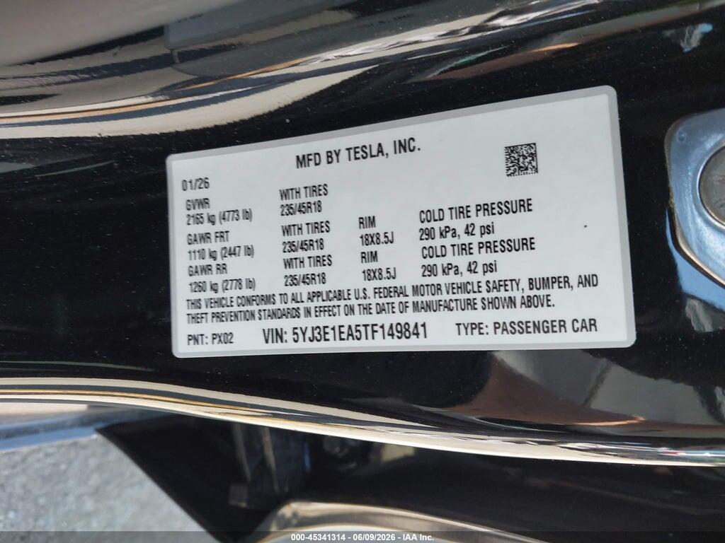 5YJ3E1EA5TF149841 2026 TESLA MODEL 3 photo no. 9