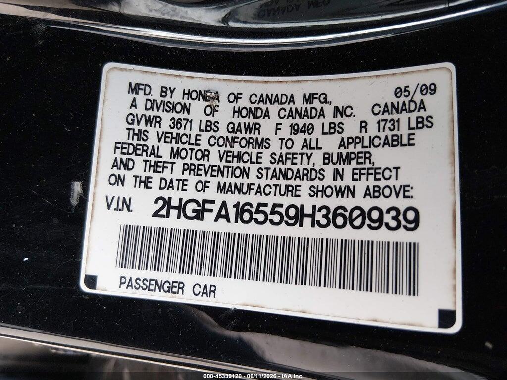 2HGFA16559H360939 2009 HONDA CIVIC photo no. 9