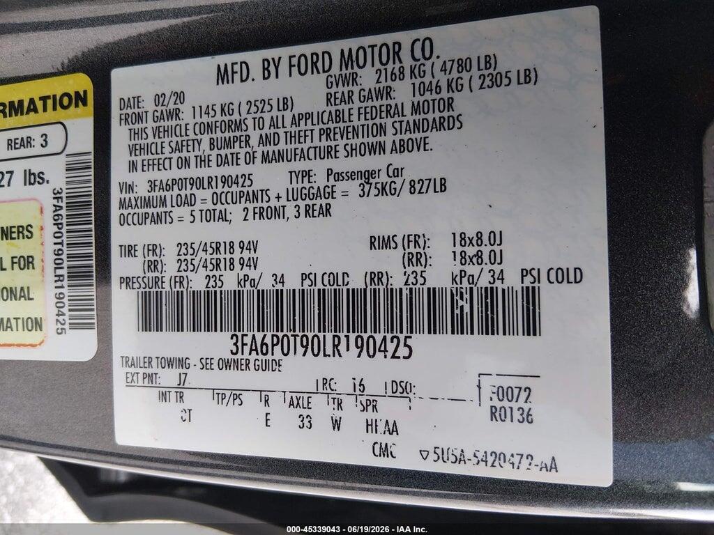 3FA6P0T90LR190425 2020 FORD FUSION photo no. 9