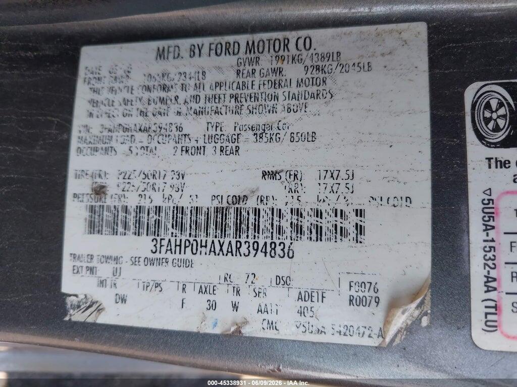 3FAHP0HAXAR394836 2010 FORD FUSION photo no. 9