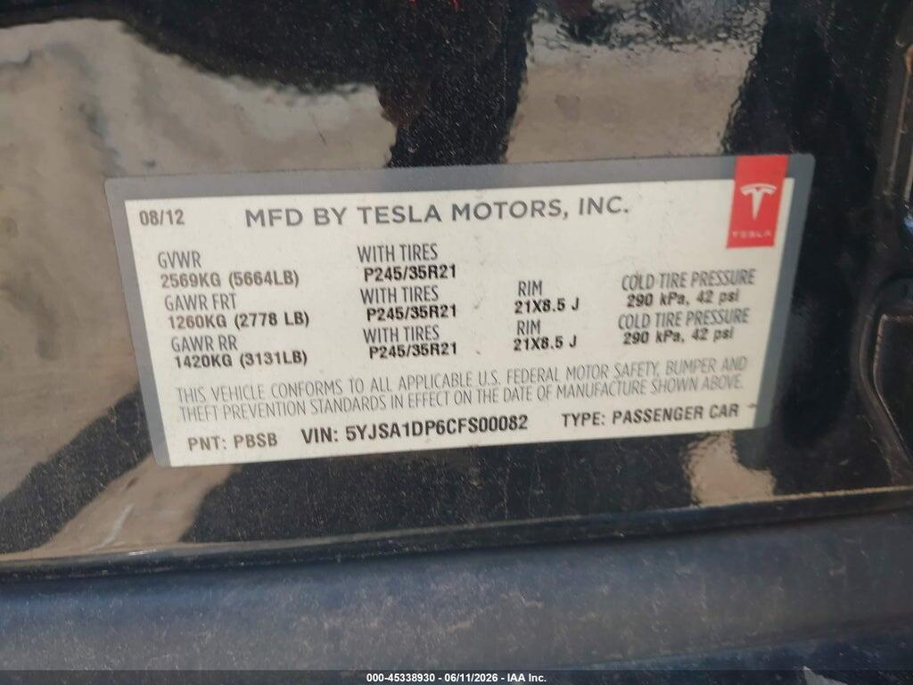 5YJSA1DP6CFS00082 2012 TESLA MODEL S photo no. 9