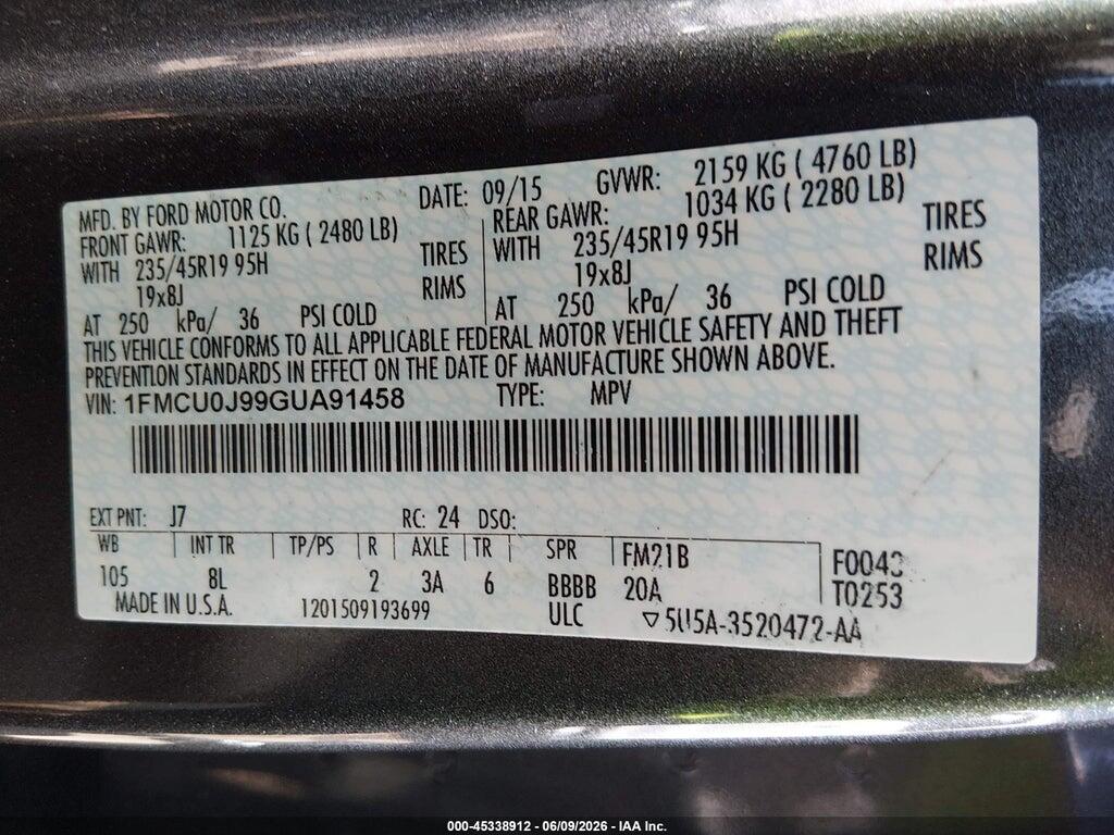 1FMCU0J99GUA91458 2016 FORD ESCAPE photo no. 9
