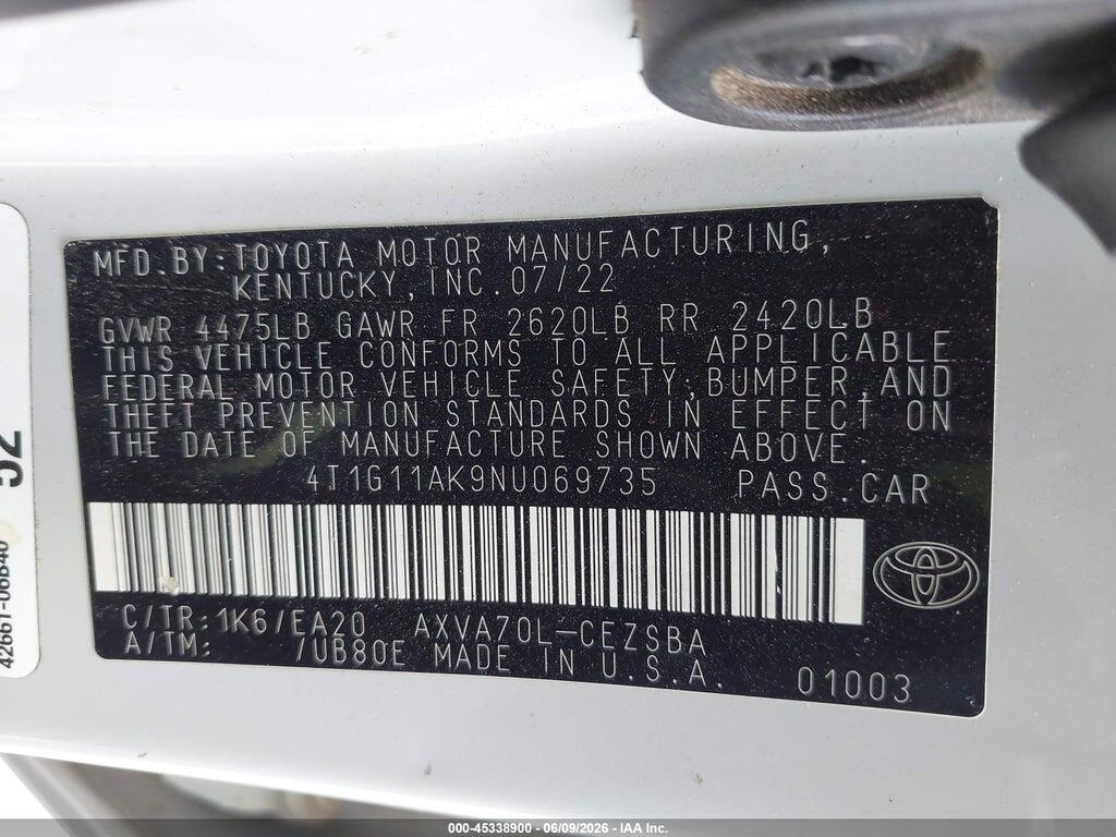 4T1G11AK9NU069735 2022 TOYOTA CAMRY photo no. 9