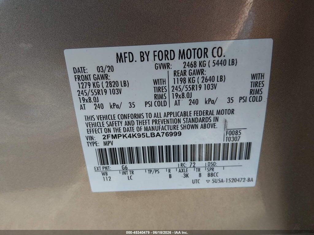 2FMPK4K95LBA76999 2020 FORD EDGE photo no. 9
