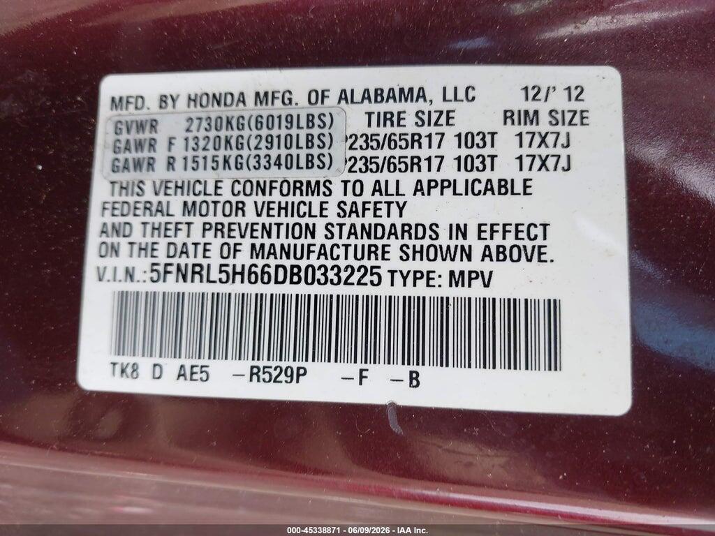 5FNRL5H66DB033225 2013 HONDA ODYSSEY photo no. 9