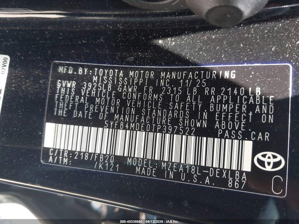 5YFB4MDE0TP397522 2026 TOYOTA COROLLA photo no. 9