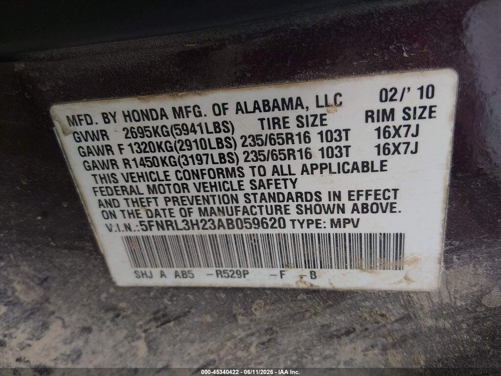 5FNRL3H23AB059620 2010 HONDA ODYSSEY photo no. 9