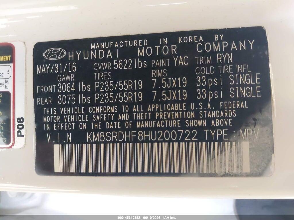KM8SRDHF8HU200722 2017 HYUNDAI SANTA FE photo no. 9